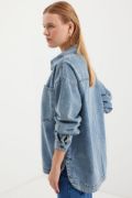 0694 Çift Cepli Oversize Denim Ceket - Buz Mavi resmi